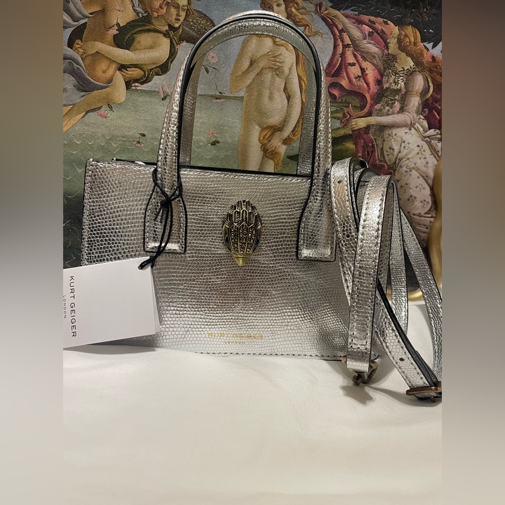 NWT Kurt Geiger Metallic Silver Mini Bond Crossbody Bag w/ Dust Bag